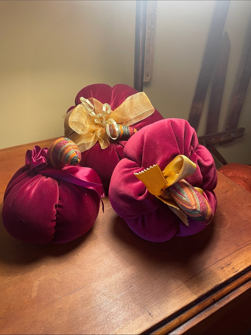Velvet Pumpkin Décor Trio - Rich Berry with Gold Accents Handmade